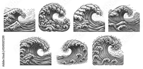Ocean Wave Set collection bundle sketch engraving generative ai vector illustration. Scratch board imitation. Black and white image.