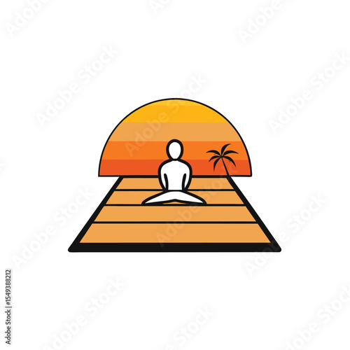 sunset yoga silhouette on tropical deck with glowing horizon Vector illustration