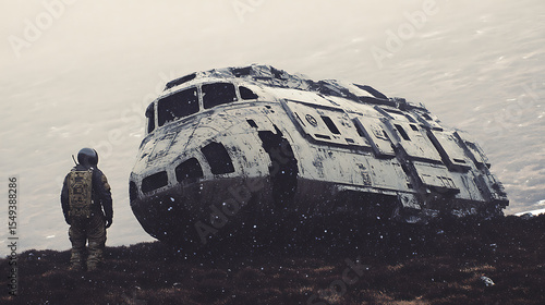 Crashed spaceship astronaut examines wreckage scene
