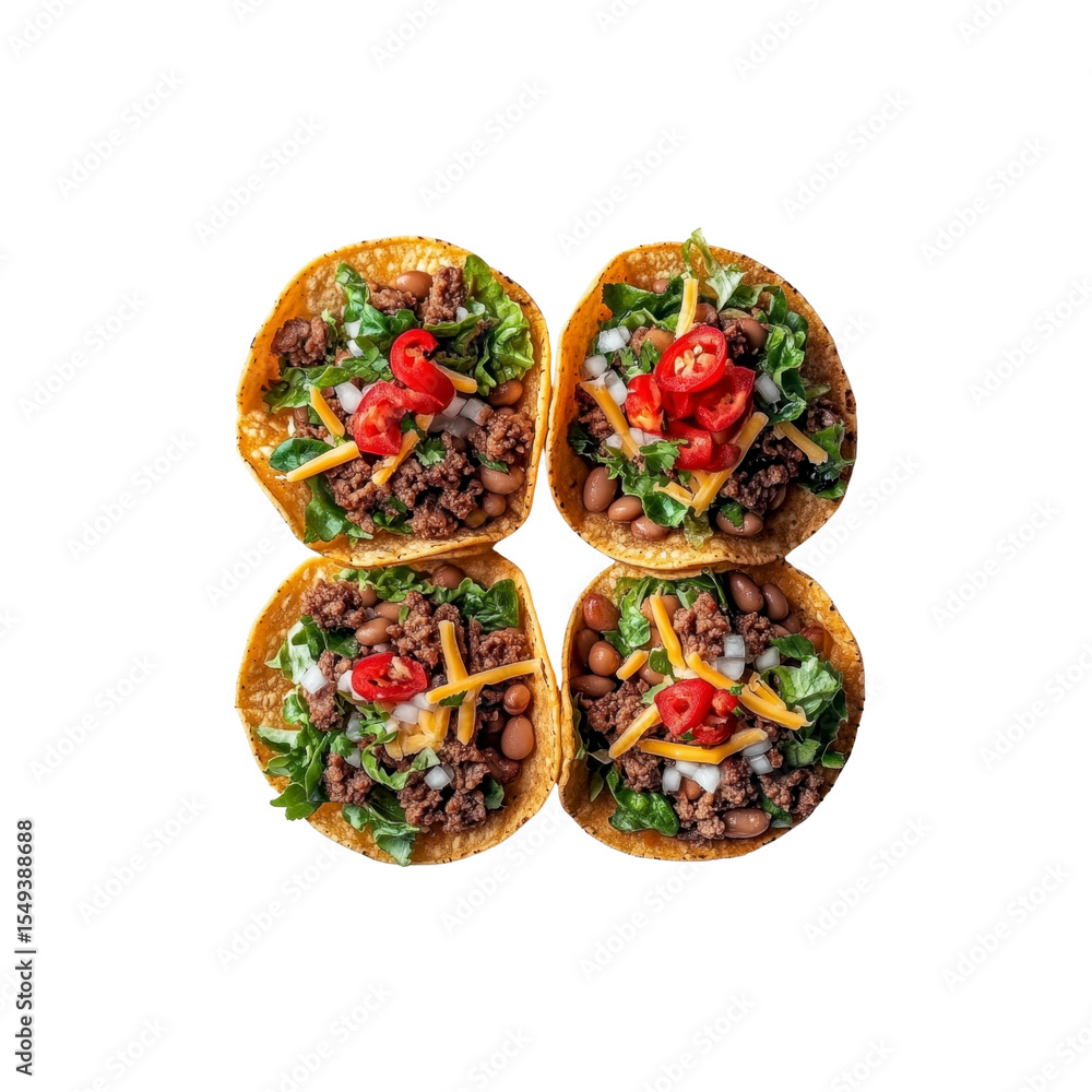 Fototapeta premium Four Delicious Mini Tacos with Ground Beef, Beans, Cheese, and Lettuce
