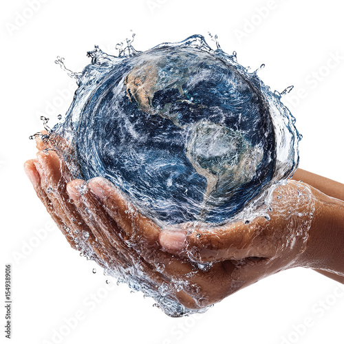 Earth globe cradled in hands with water splashing around it on a black background image view on transparent background