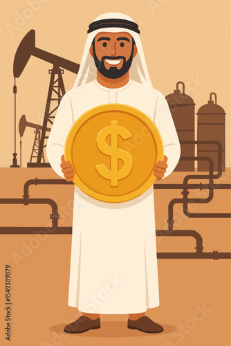 Arabian oil businessman in traditional clothing holding large money coin in hand. Vector flat style rich man in thobe. Oil production background vertical illustration
