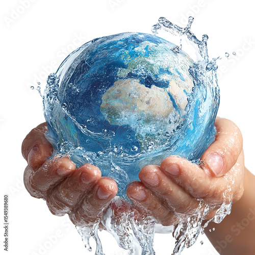 Hands holding a globe with water splashing around it on a black background in a studio shot on transparent background
