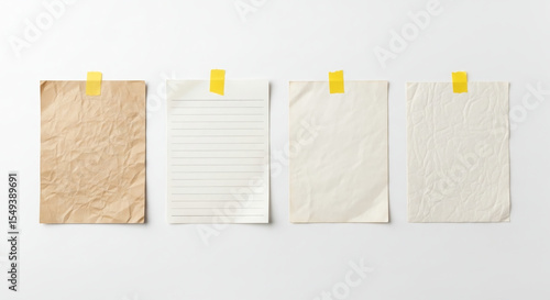 4 images of crumpled white paper with yellow tape on the edges, arranged in a grid, each sheet showing different angles and techniques for covering up text or graphic