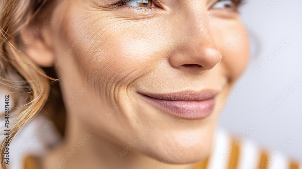 Close up of cheek edge near smile line showing natural skin texture and fine wrinkles with soft pastel tones and warm light creating calm and gentle expression Close up of cheek edge near smile line showing natural skin texture and fine wrinkles with soft pastel tones and warm light creating calm and gentle expression