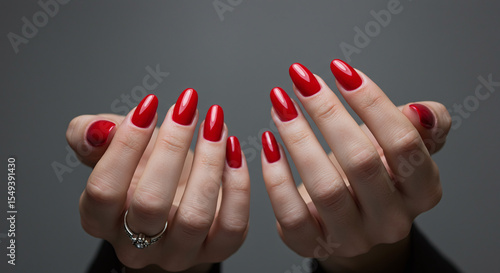 Perfect classic red manicure on elegant almond-shaped nails. Woman's hands with glossy red gel polish on a sophisticated gray studio background. A symbol of beauty, confidence, and timeless style.