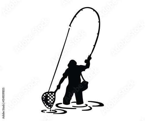 fisherman fishing vector illustration, fly fishing fisherman graphic art