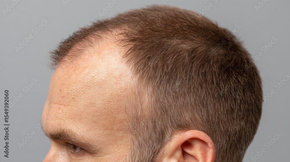 Obraz premium Thinning hair on male scalp with visible hairline and temples showing early hair loss and receding pattern in close up side profile view