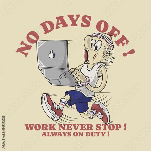 Retro Cartoon Man Mascot Running While Working on Laptop