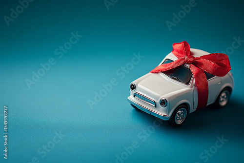 A white toy car with a red ribbon bow, ready as a gift