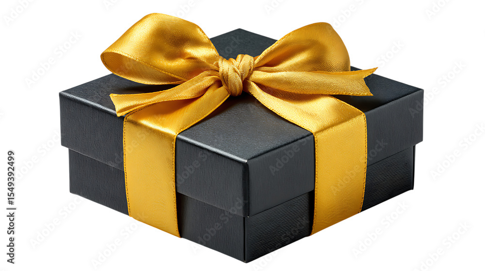 Black gift box with gold ribbon bow isolated on transparent background Black gift box with gold ribbon bow isolated on transparent background