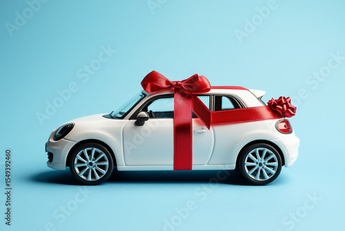 A white toy car with a vibrant red ribbon bow