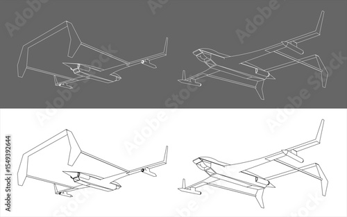 Isometric view Military Drone blueprint line technical drawing on isolated background