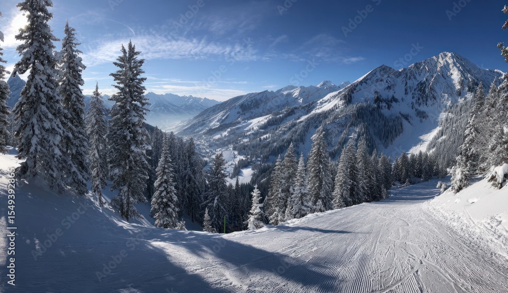 Pristine corduroy ski piste descends through a sunlit winter wonderland of snow-laden trees and distant peaks. Pristine corduroy ski piste descends through a sunlit winter wonderland of snow-laden trees and distant peaks.