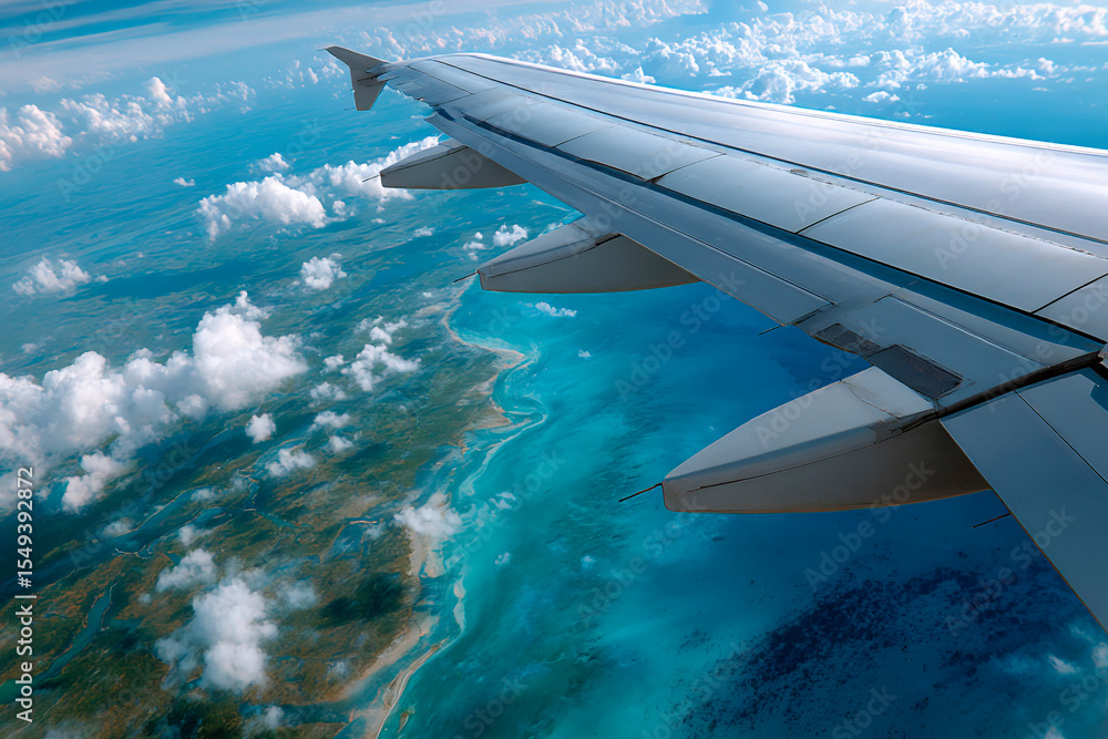 Obraz premium View from airplane window showing aircraft wing over tropical coastline with turquoise waters and scattered white clouds