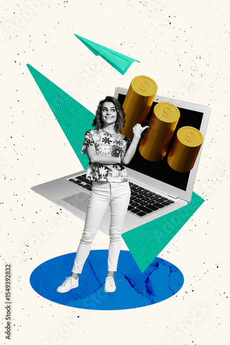 Canvastavla Trend artwork composite banner photo collage of young lady stand thumb show lapt