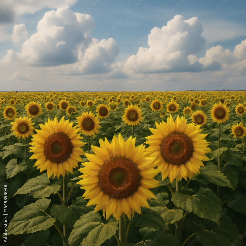 Fototapeta premium Sunflower field under cloudy sky