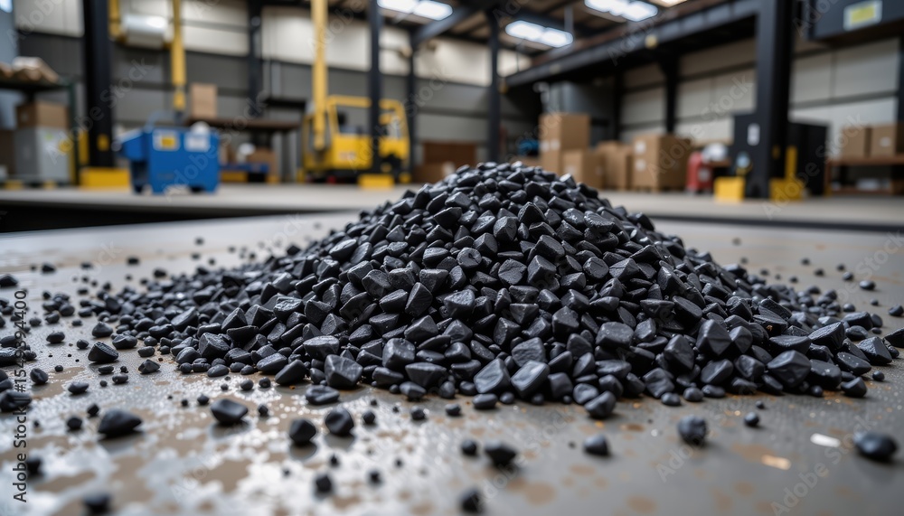 Fototapeta premium Activated charcoal concept. Pile of black material in an industrial warehouse setting.