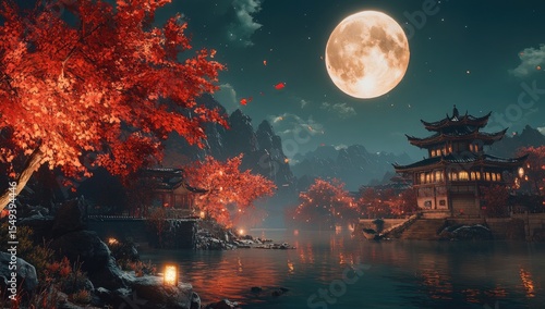 Asian landscape at night, full moon