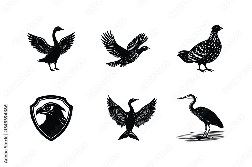Obraz premium Six black silhouettes of birds in flight and resting
