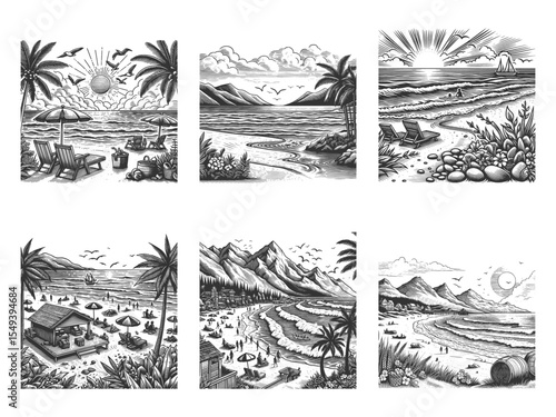 Beach Landscape Set collection bundle sketch engraving generative ai vector illustration. Scratch board imitation. Black and white image.
