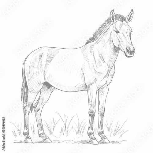Somali Wild Ass – Equus africanus somaliensis. A hand-sketched donkey figure in a grazing posture within an open field. The illustration highlights shading and outline details on a white background