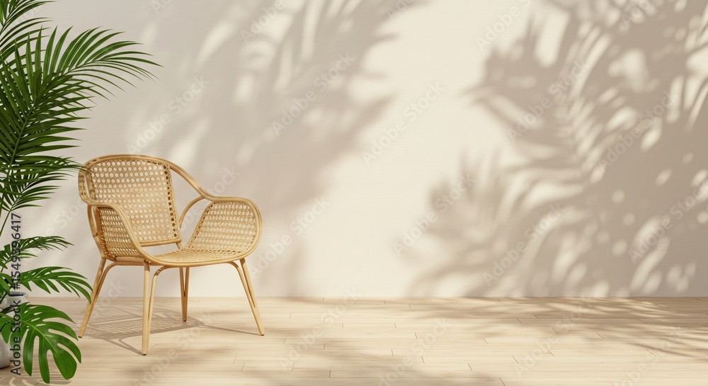 Rattan chair with palm leaf shadow on beige background Rattan chair with palm leaf shadow on beige background