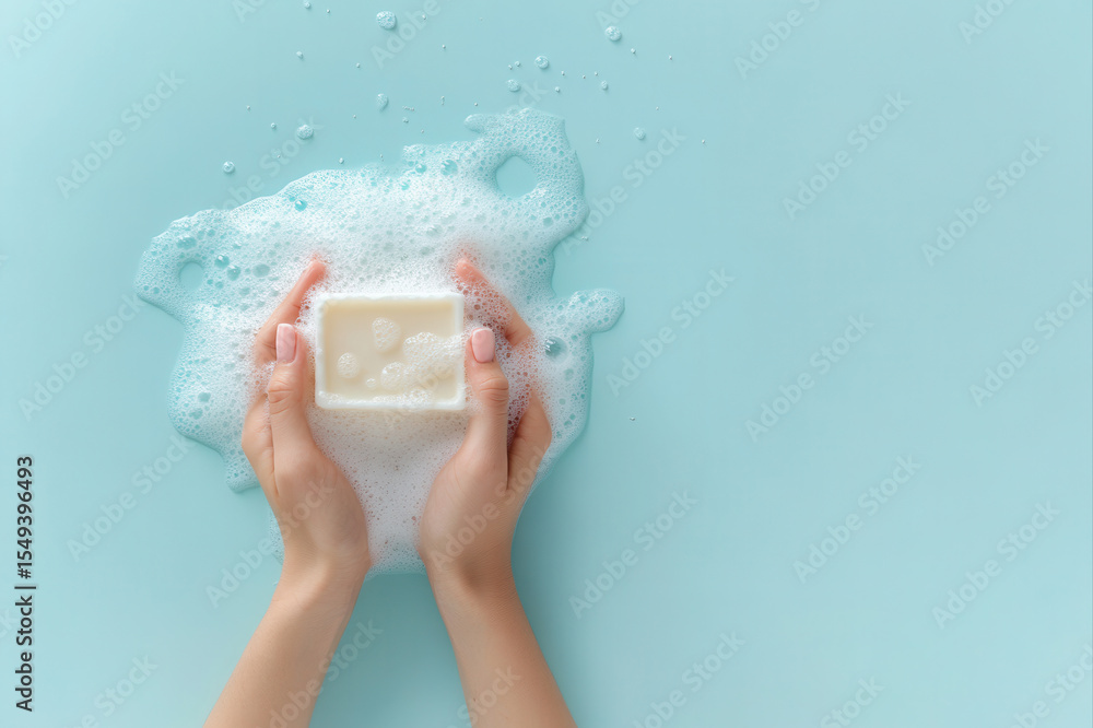 Fototapeta premium Hands holding soap bar in soapy water