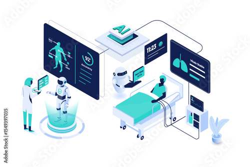 Isometric vector scene of artificial intelligence in modern healthcare. Depicts smart diagnosis, patient monitoring, doctor collaboration, and medical AI systems for efficient care.