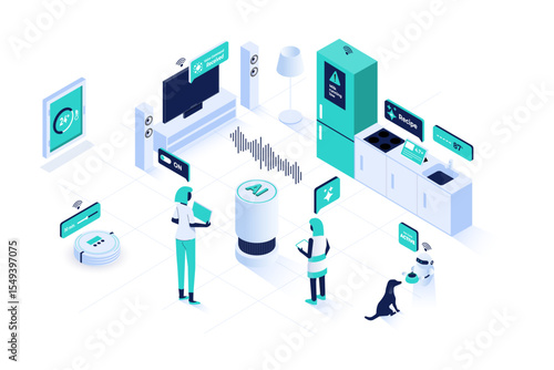 Modern isometric vector illustration of an AI powered home assistant managing a smart household. The concept visualizes AI integration in daily life