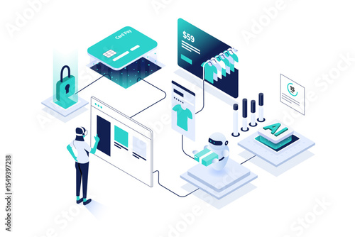Futuristic isometric illustration showing AI powered online shopping process. Concept includes a virtual shopper interacting with an e-commerce interface, secure card payment, product selection, robot