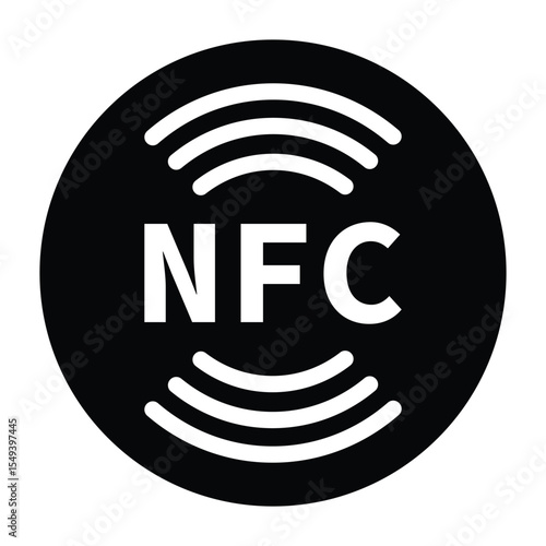 Minimalist black and white circular NFC icon with radio wave symbol. Clean, geometric design on white background. Flat, modern, and technical style ideal for tech and UI concepts.