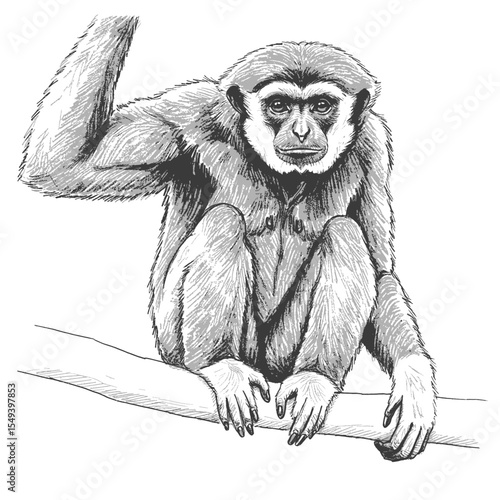  Pileated Gibbon – Hylobates pileatus. Drawing of a lar gibbon sitting on a branch. Suitable for naturethemed designs, wildlife illustrations, educational materials, and environmental campaigns.