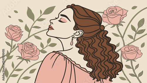 Beautiful young woman with long curly hair and perfect skin wearing pink linen dress posing near blooming roses in a garden. Nude make up. Close up portrait.
