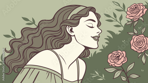 Beautiful young woman with long curly hair and perfect skin wearing green linen dress posing near blooming roses in a garden. Nude make up. Close up portrait.
