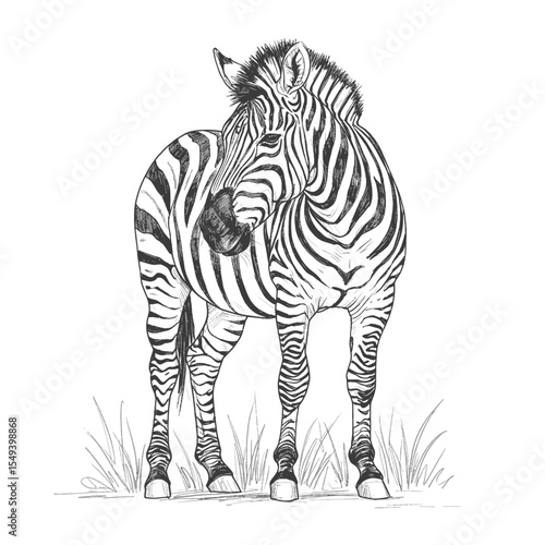 Grevy’s Zebra – Equus grevyi.. Plains zebra standing in short grass, striped black and white, suitable for wildlife, nature, safari, animal themes in design.