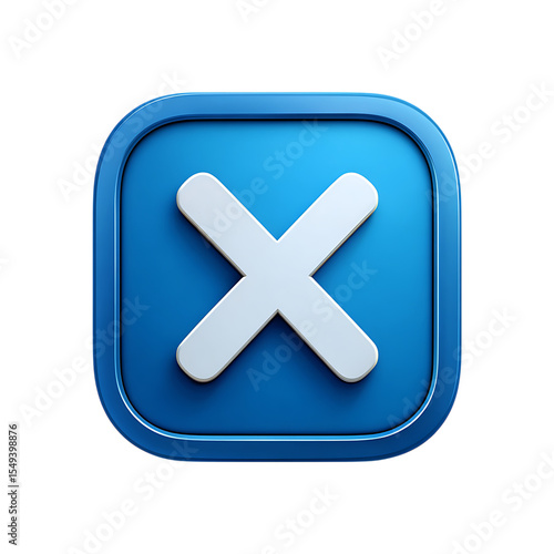 3d render of a blue square button with a white x mark isolated on transparent background