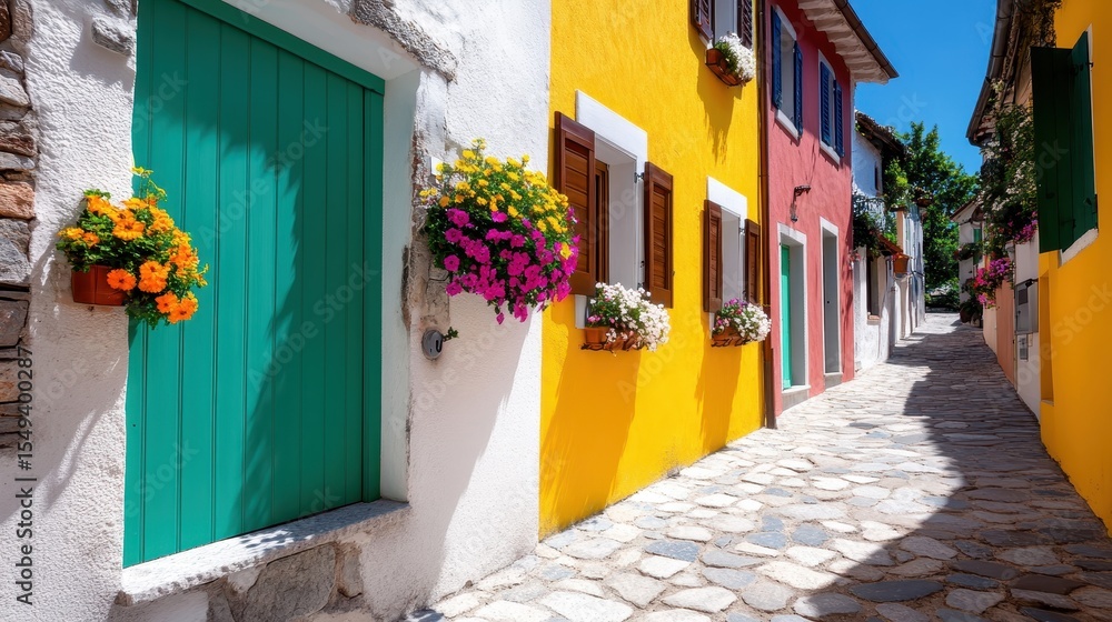 Fototapeta premium A picturesque alleyway decorated with vibrant buildings and overflowing flower boxes, showcasing the beauty and charm of the colorful architecture and landscaping.