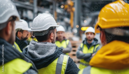 Team of industrial workers in safety gear conducting a site meeting in a factory.
