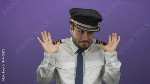 Young hispanic man with beard in pilot uniform and cap gesturing innocently against a purple background, conveying a humorous or lighthearted mood.