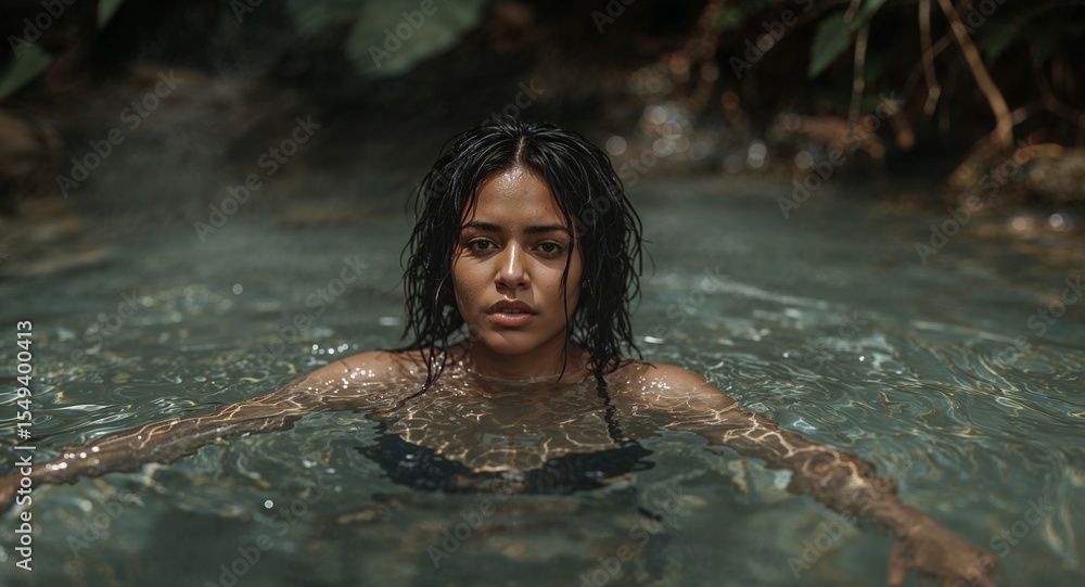 Fototapeta premium Sensual woman with locs soaking in steamy jungle hot spring