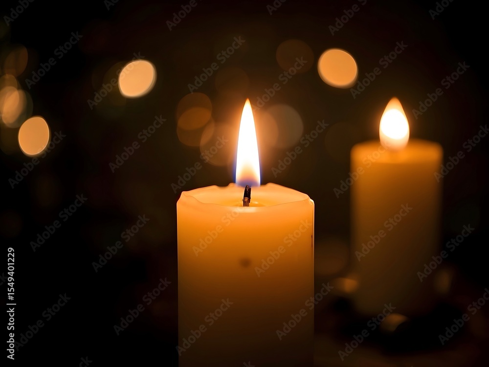 Two burning candles casting a warm glow illuminate a dark background filled with bokeh, creating an inviting and serene atmosphere perfect for reflection and tranquility Two burning candles casting a warm glow illuminate a dark background filled with bokeh, creating an inviting and serene atmosphere perfect for reflection and tranquility