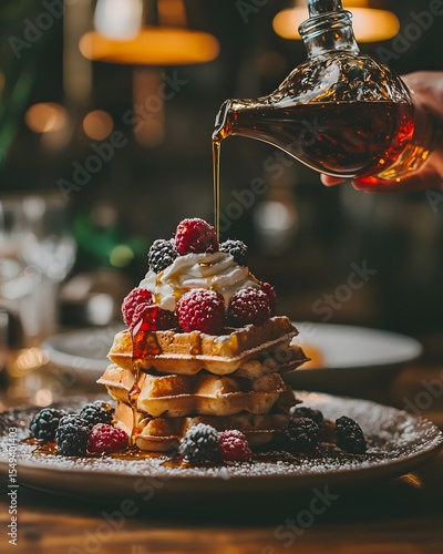 Person is pouring syrup over a stack of waffles with raspberries on top
