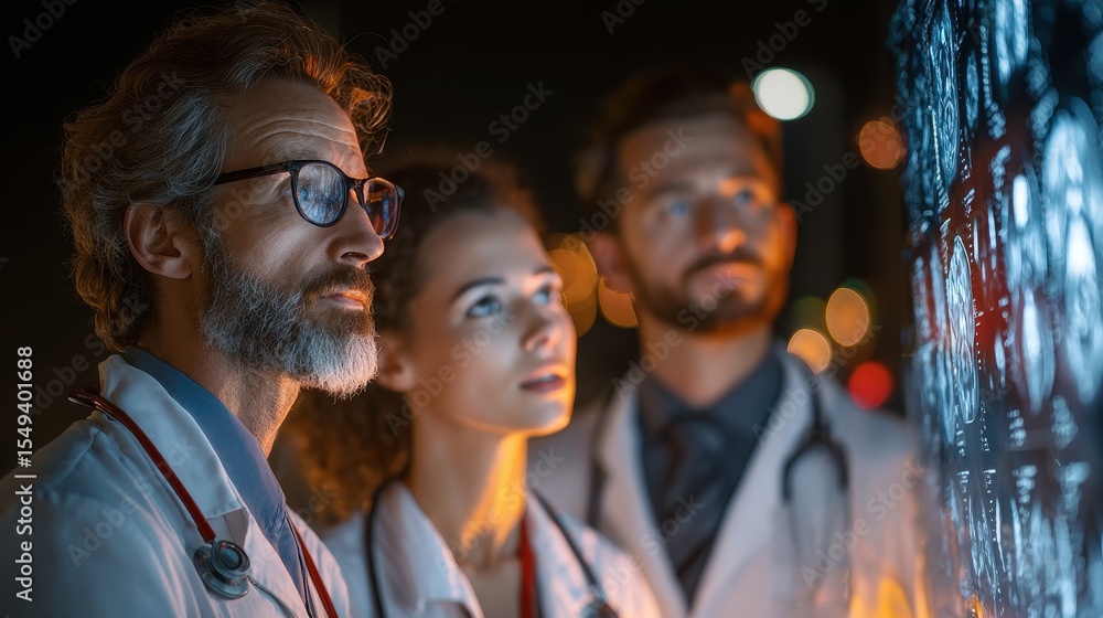 Group of multiethnic doctors analyzing brain scan results displayed on a large screen in a dark hospital room Group of multiethnic doctors analyzing brain scan results displayed on a large screen in a dark hospital room