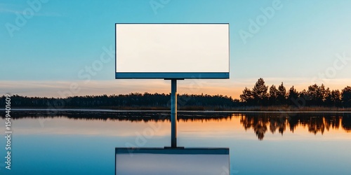 billboard placed beside calm lake, mirror water reflection, no wind disturbance, minimal natural tones, tree silhouettes in background, high clarity on structure and sky