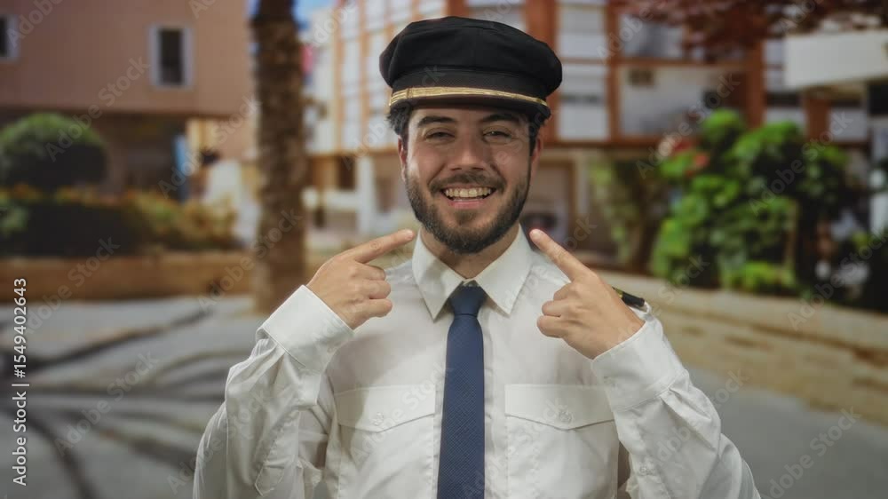 Young man in pilot uniform smiling and pointing at his face outdoors in an urban street setting with blurred background and greenery. Young man in pilot uniform smiling and pointing at his face outdoors in an urban street setting with blurred background and greenery.