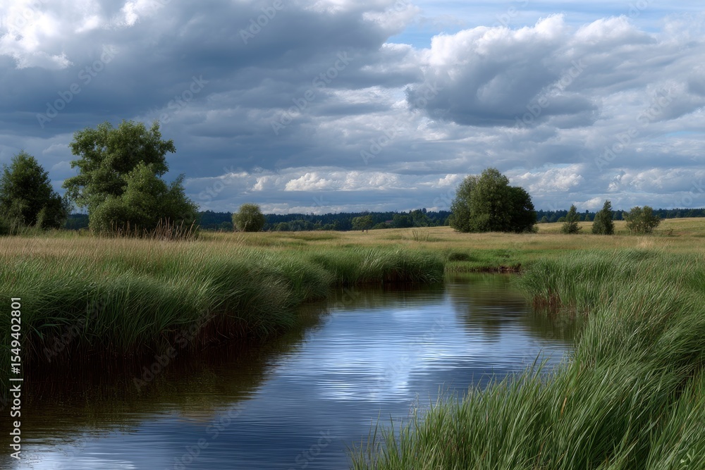 Fototapeta premium A placid body of water meanders through a grassy field under a cloudy sky
