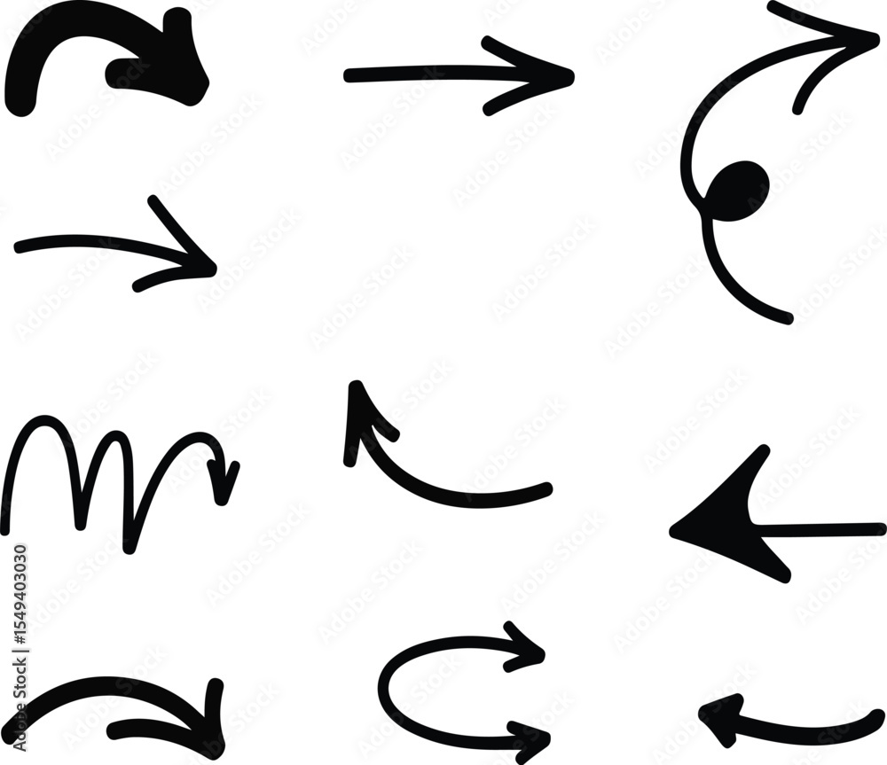 Collection of nine different hand drawn black arrows pointing in various directions on white background Collection of nine different hand drawn black arrows pointing in various directions on white background