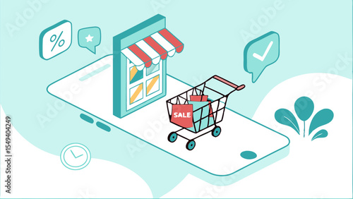 Online Shopping Illustration: Depicting the ease and convenience of modern online shopping. An illustrated scene of a mobile phone transformed into a shop, a shopping cart and other shopping elements.