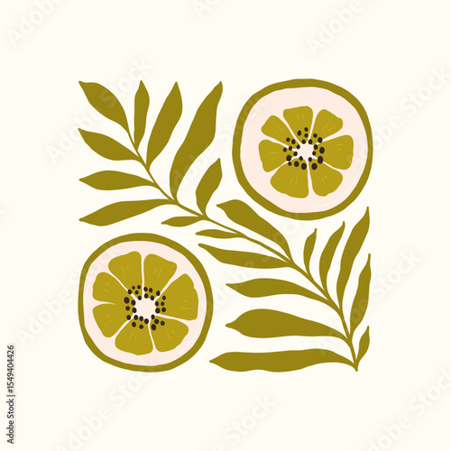 Abstract fruits and vegetables elements. Modern trendy minimalist. Healthy Food. Hand drawn design for wallpaper, wall decor, print, postcard, cover, template, banner.